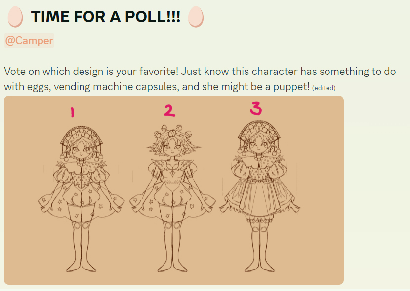 A screenshot of us running a poll for the final 3 designs on our Discord!