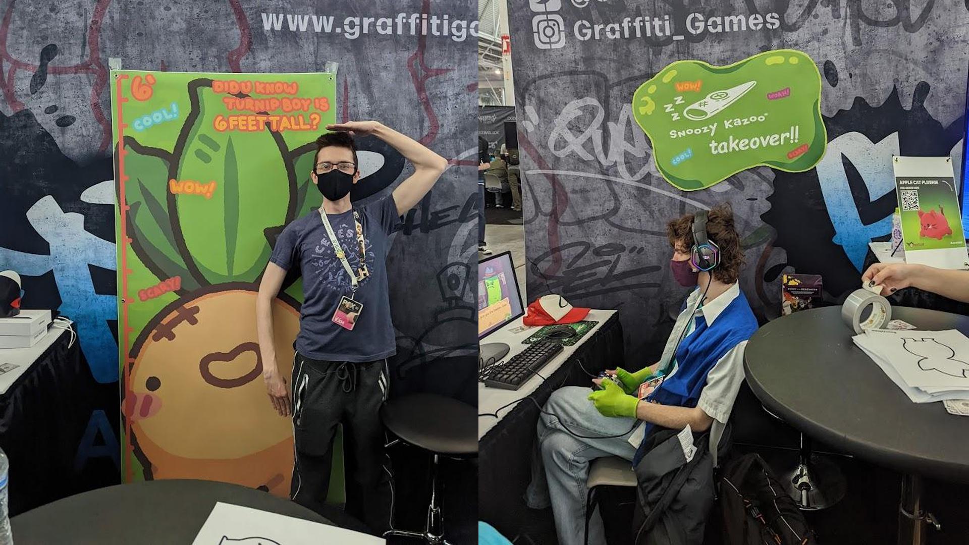 Someone playing our demo and Carson standing next to the 6ft tall Turnip Boy banner!