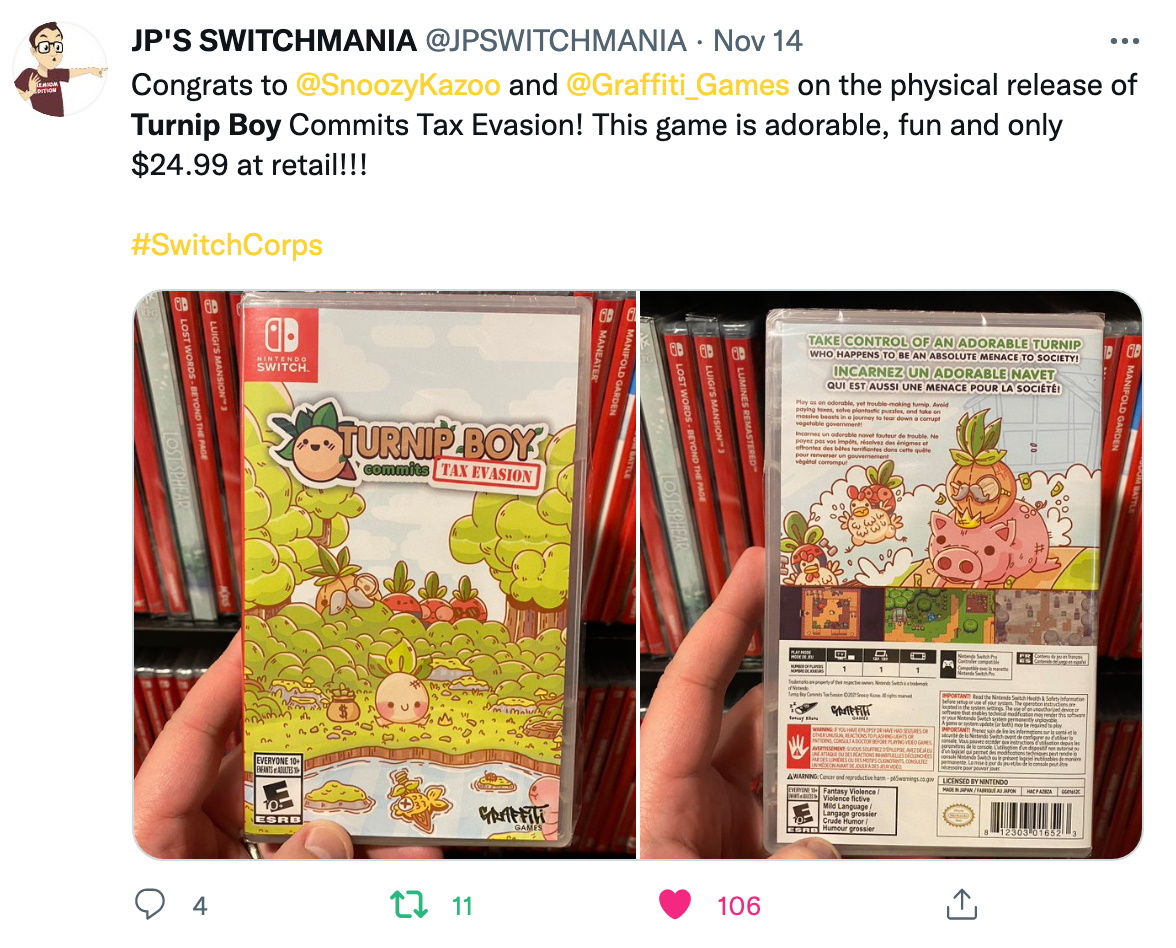 JP'S SWITCHMANIA tweeting about the Turnip Boy Commits Tax Evasion physical!
